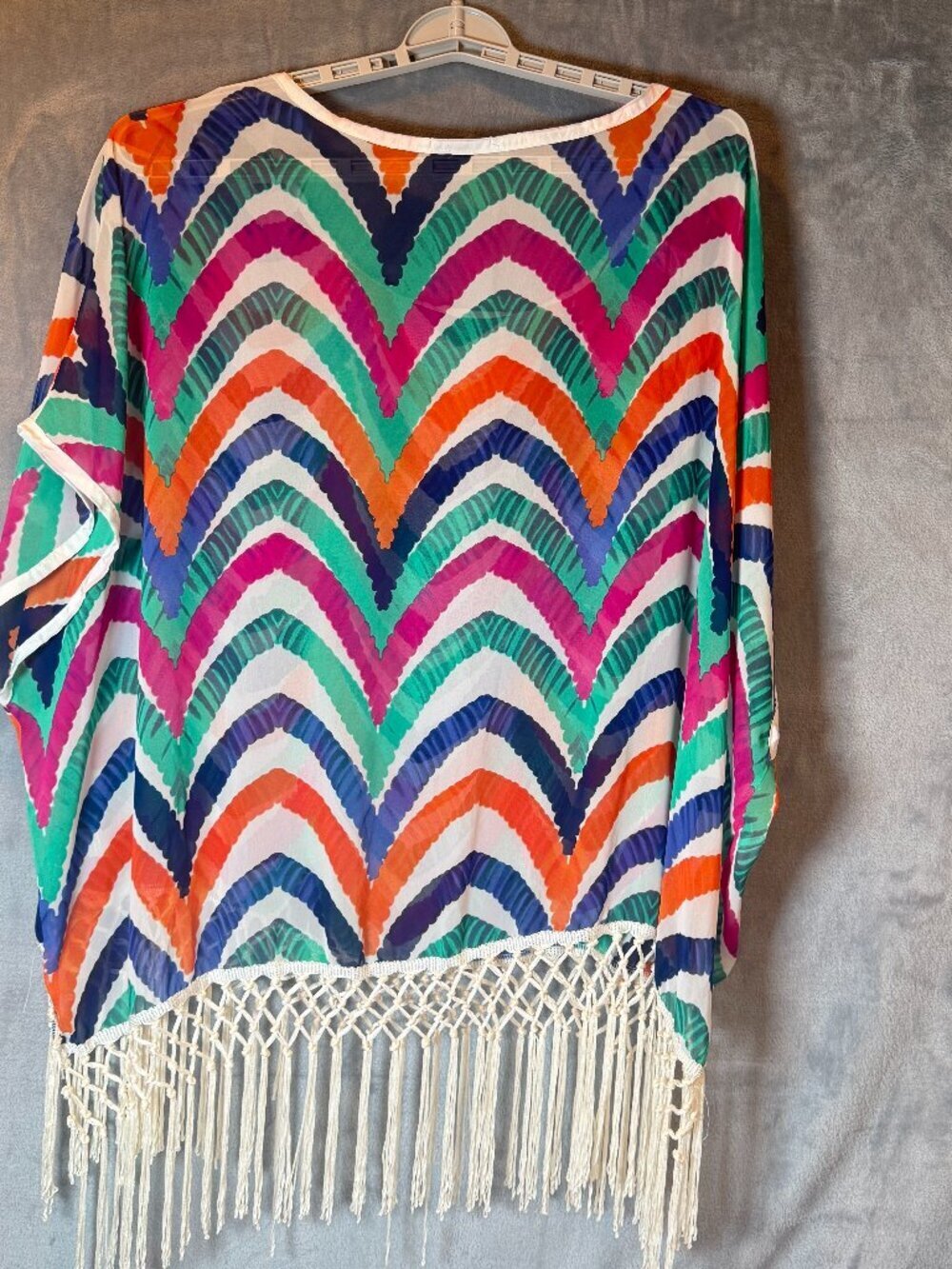 Boho Fringe Poncho, Top Multicolor Sheer ,Beach Cover Up, Resort Wear, One Size - Picture 1 of 7